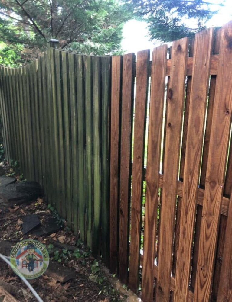 Wood fence partly cleaned, showing green buildup beside clean wood