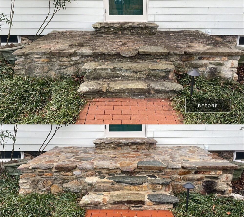 Stone steps and brick walkway before cleaning at the top and after cleaning below