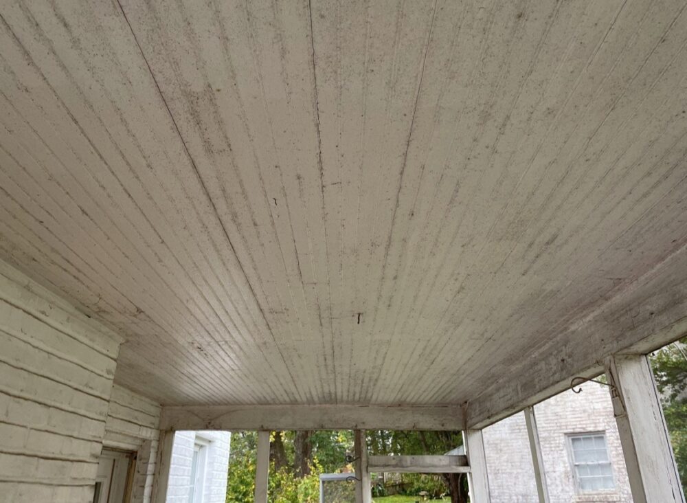 Front porch ceiling with mildew before soft washing in Catonsville.