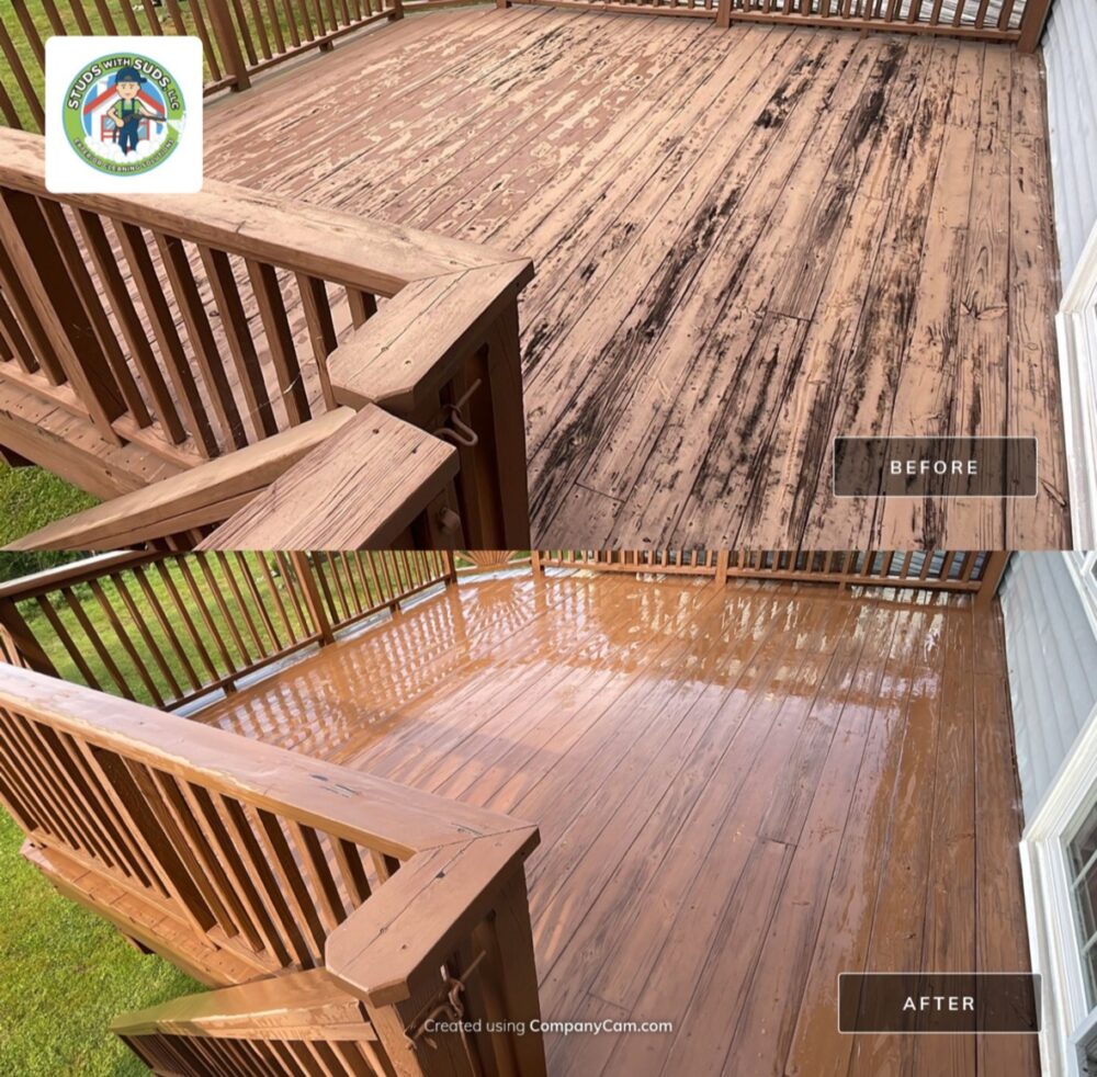Before and after photos of deck soft washing by Studs With Suds in Catonsville.
