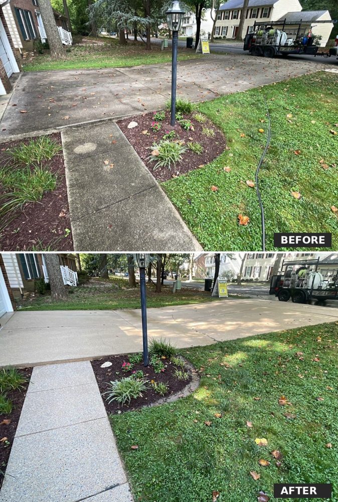Before and after of a concrete driveway and walkway cleaned in Columbia, Maryland