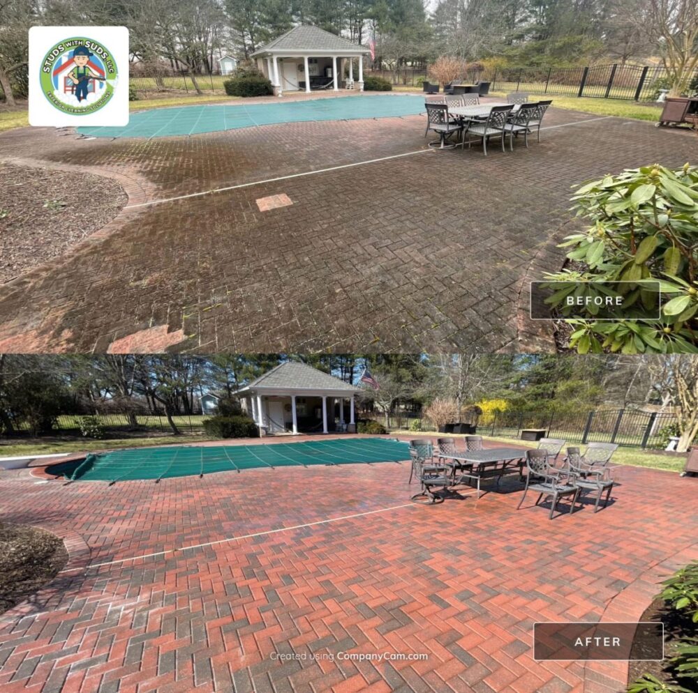 Brookeville, Maryland pool deck pavers before and after cleaning