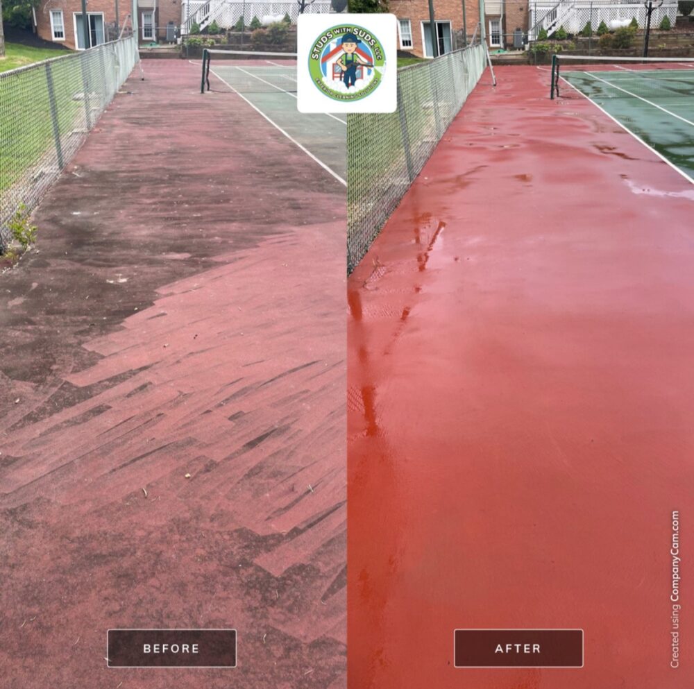 Before and after photos of a red tennis court surface cleaned by Studs With Suds in Silver Spring.