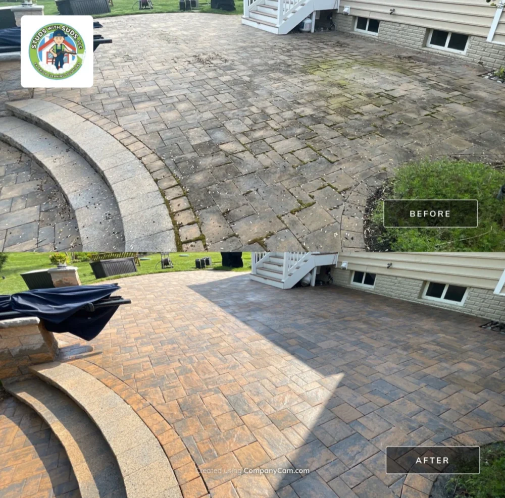 Woodbine paver patio with curved steps before and after pressure washing