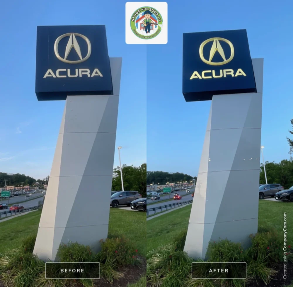 Car dealership sign in Ellicott City before and after commercial cleaning