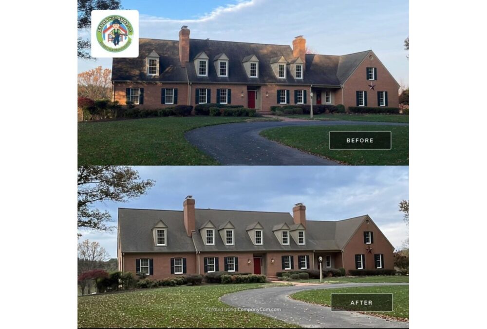 Large brick house with shingle roof before and after cleaning