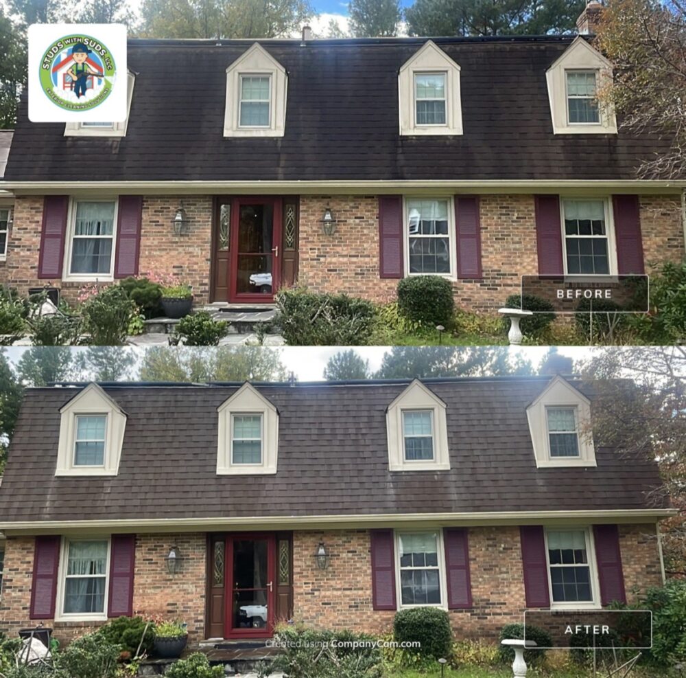 Before and after photos of a roof with dormer windows soft washed by Studs With Suds in Rockville.