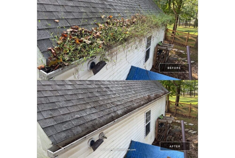 Gutter with leaves and plants before cleaning, and the same gutter clear after cleaning